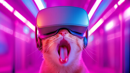 Cat enjoying virtual reality experience in vibrant setting