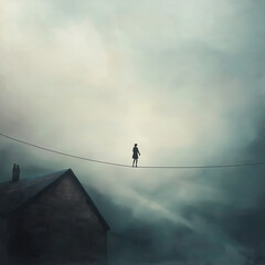 Silhouette of a person walking on a tightrope above a house in a misty and cloudy atmospheric scene, suggesting themes of balance, risk, and solitude in a surreal setting.