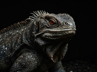 Fototapeta premium Portrait of a marine iguana on black background.
