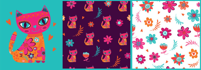 Decorative Floral seamless pattern and flowers cat print for post cards. Fairy tale cat with floral ornament. Kitten flowers, leaves  for wrapping paper.