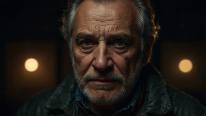 Fototapeta premium Portrait of a rugged older man in a low-light setting with a heavy jacket.