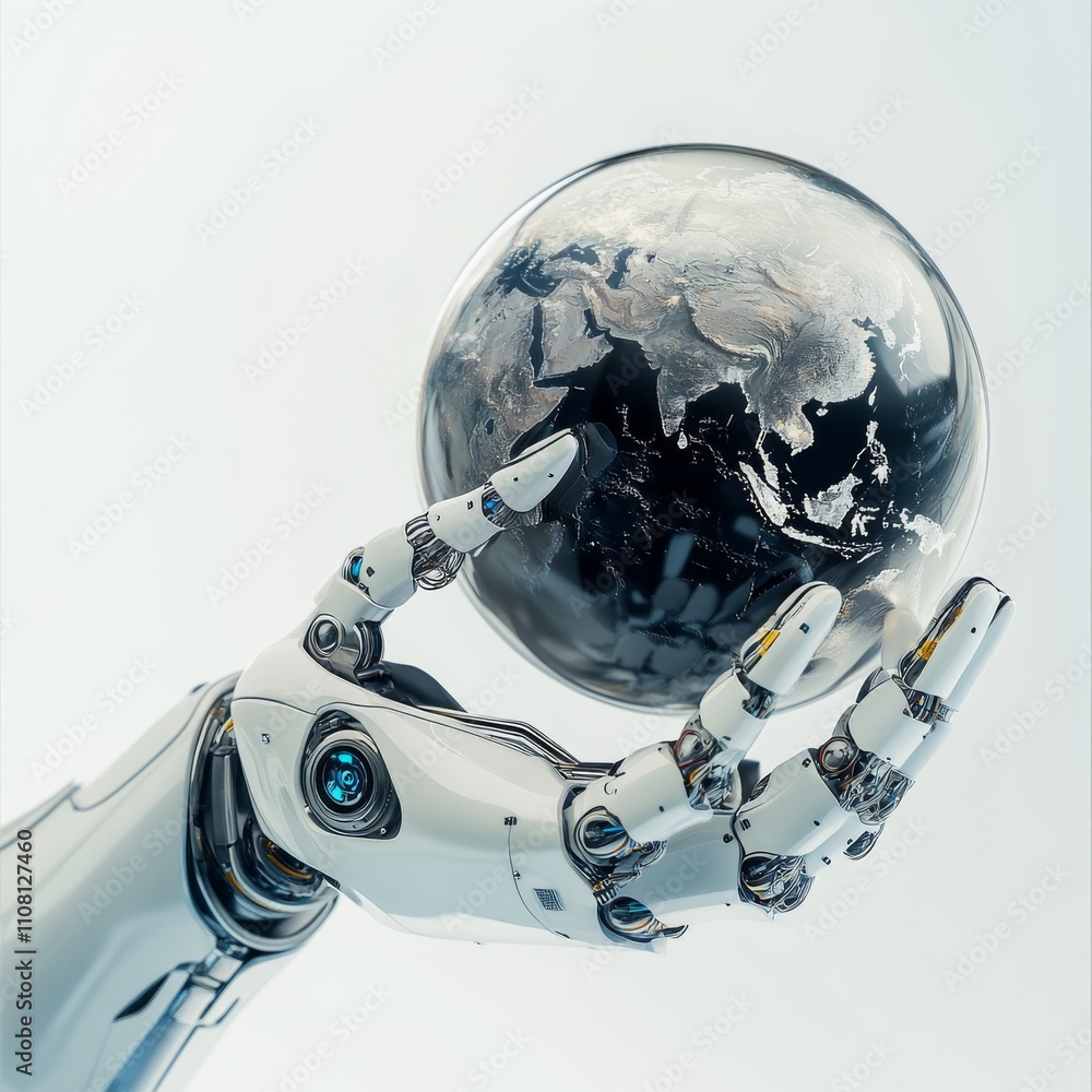 Fototapete A robotic mechanical arm with globe. Strong stylish futuristic design concept. Cybernetic 
organism with Artificial Intelligence.