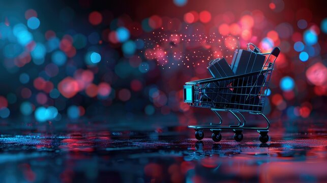 Shopping cart illuminated by colorful lights during weekend shopping rush