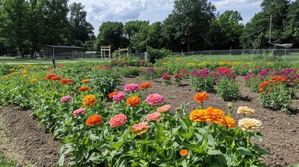 Vibrant zinnia flowers in a sunny garden.