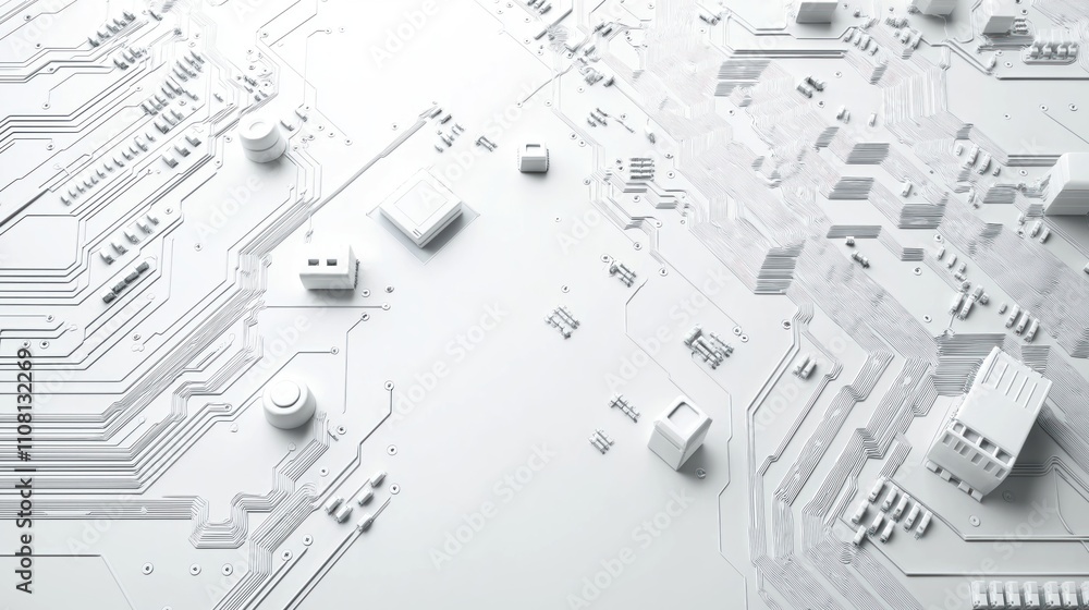 Aufkleber Abstract white circuit board. Complex network of lines, components. Modern tech background. Ideal for tech presentations. Futuristic design. Clean lines. Great for websites. Electronic circuit. White