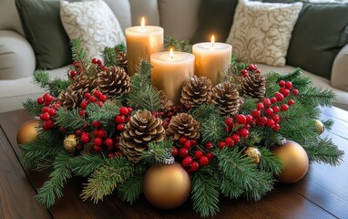 Holiday centerpiece with candles and natural decorations on a wooden table at home during festive season