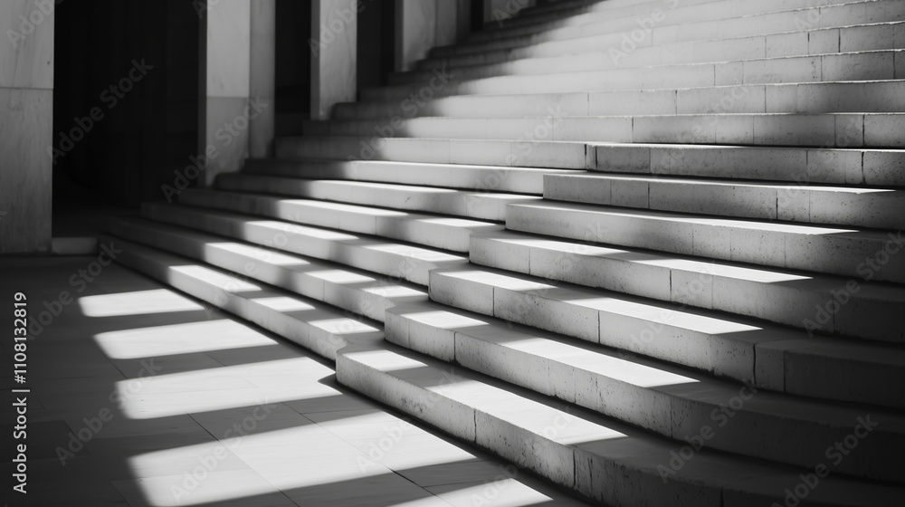 Poster intricate patterns of light and shadow on stone steps in a historic building during midday