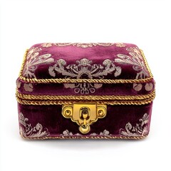 A luxurious purple velvet jewelry box adorned with intricate gold detailing and elegant designs, perfect for storing precious items, isolated on white background for di-cut