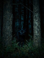 Naklejka premium Predatory eyes peering through a dense, dark forest at night.