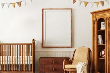 Vintage inspired nursery with wooden furniture, warm tones, and soft accents, featuring a blank frame for personalization and bunting for added charm