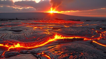 Lava flows from an erupting volcano under a dramatic sky at sunset