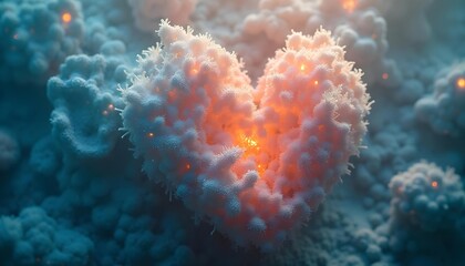 Fototapeta premium Illustration of surreal dissection of the heart. The heart is depicted as a dreamlike organic structure with ethereal shapes and textures. Surrounded by exquisite flowers, coral like structures, and b