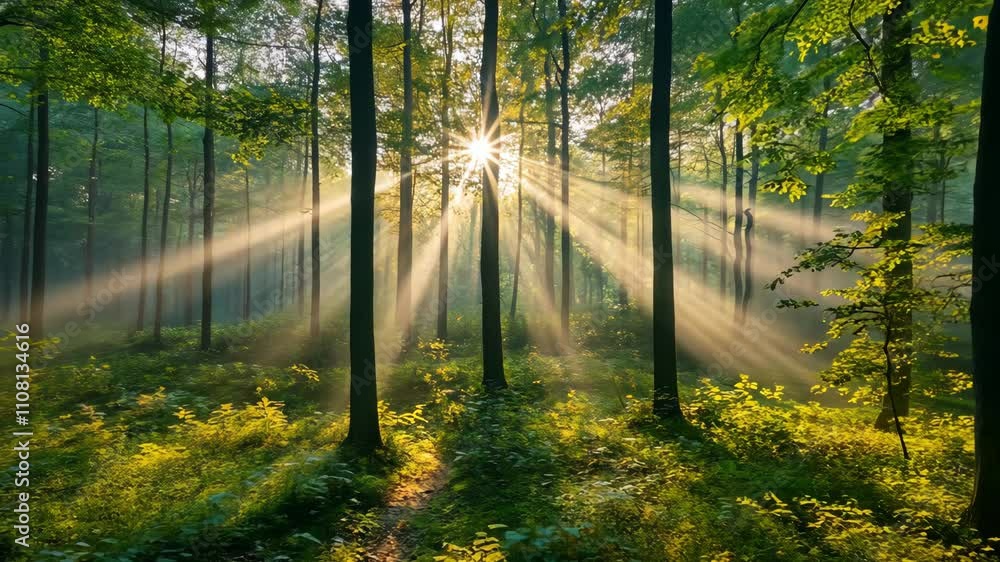 Poster sunlight streams through trees in a serene forest setting during early morning hours