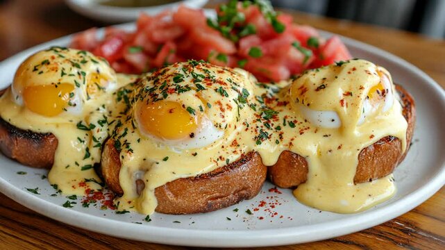 Delicious eggs benedict with hollandaise sauce served on toasted bread and fresh tomato salad