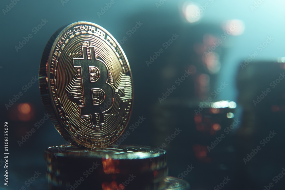 Poster a close-up of the bitcoin logo on one coin, with stacks of coins in the background, against a dark g