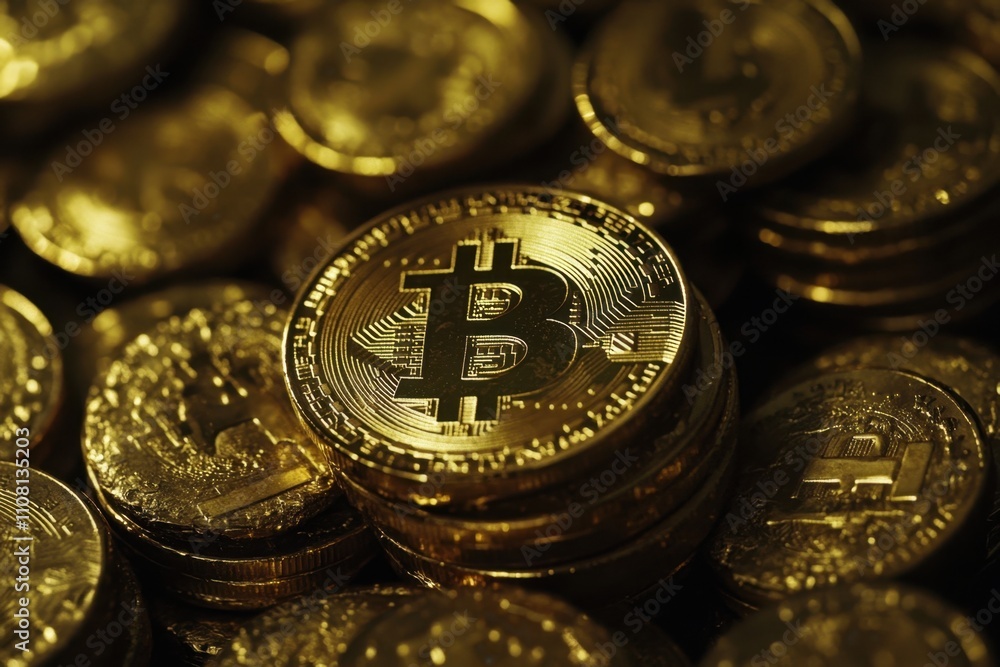 Poster a close-up of the bitcoin logo on top of gold coins, with a stack behind it generative ai