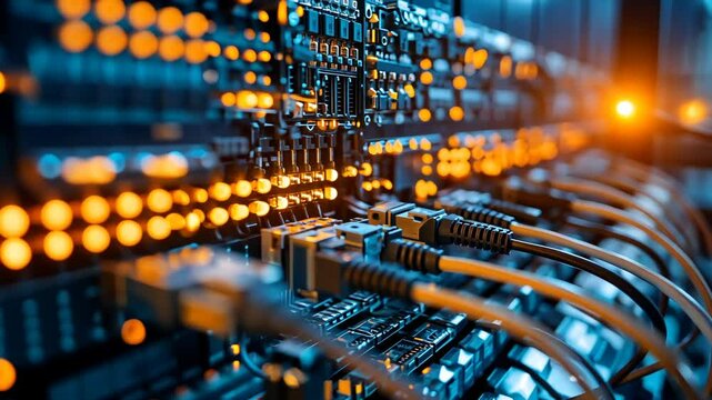 Technological components display intricate circuit board and glowing connections in a modern server room