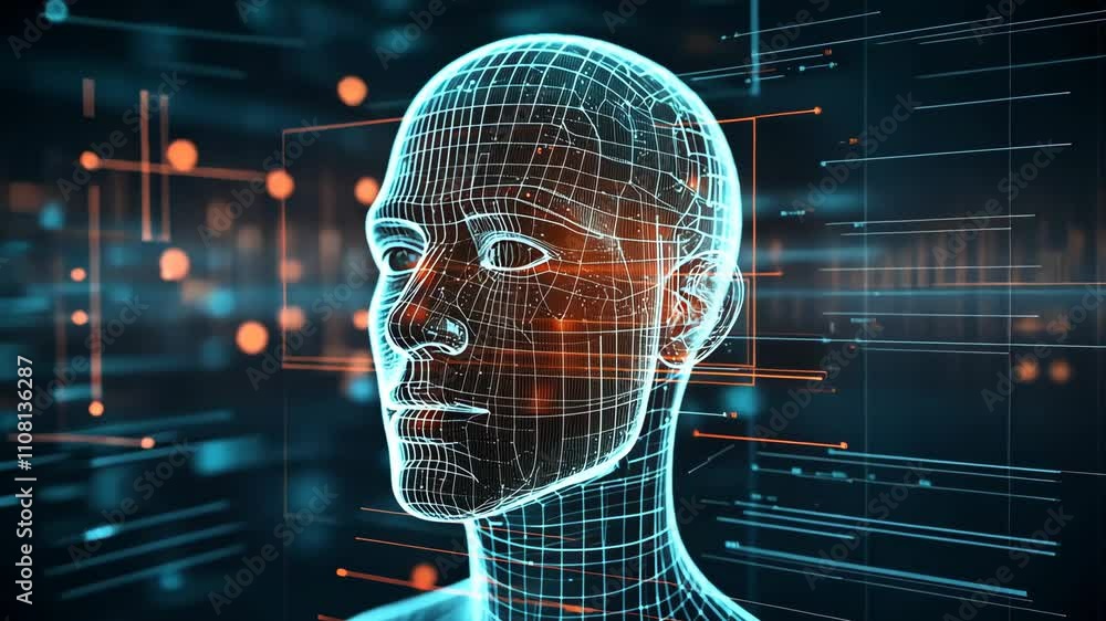 Poster digital human head with wireframe design and glowing elements in a futuristic environment