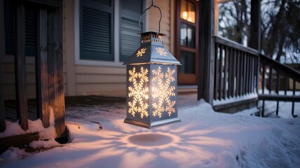 Frosty lantern with snowflake design glowing on snowy porch