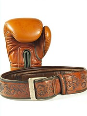 Tan leather boxing glove and belt.