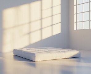 Sunlit white platform in minimalist room.