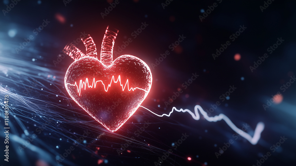 Poster a heart shape shining brightly, its surface intersected by a glowing, rhythmic ecg line, casting sub
