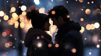 Fototapeta premium A joyful winter embrace between a couple, surrounded by softly drifting snowflakes and a cascade of warm bokeh lights sparkling behind them
