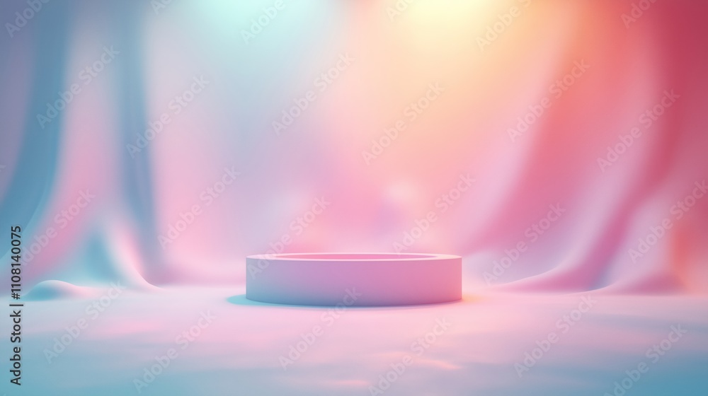 Poster Pastel studio room soft gradient background. Empty platform for product presentation. Ideal for product display banner. Studio background ideal for fashion beauty tech product photos. Use for social