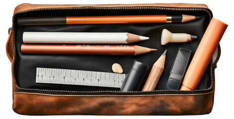 PNG Pencil case with pencils, ruler, and eraser