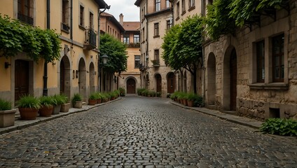 Fototapeta premium Quiet cobblestone square in an old town with lush greenery.