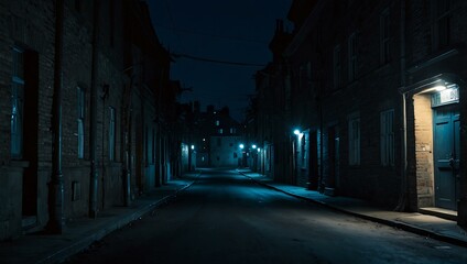 Fototapeta premium Quiet, dark street at night with blue lighting.