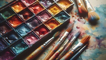 Set of Colorful Watercolor Paints and Brushes