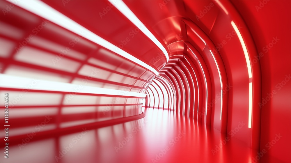 Poster modern interior design features a vibrant red tunnel with illuminated lights creating an energetic a