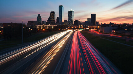 Cars in blurred motion leaving vivid light trails on a busy urban highway, framed by a twilight skyline painted in warm and cool tones