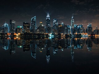 Fototapeta premium Radiant cityscape at night with skyscrapers reflecting on water.