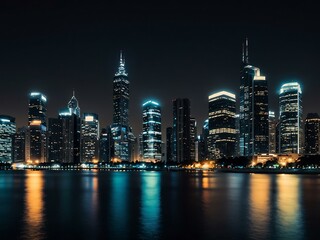Obraz premium Radiant cityscape at night with skyscrapers reflecting on water.