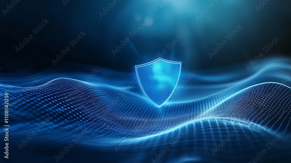 Poster a futuristic blue shield icon centered on a soft, flowing background with elegant wavy lines and a d