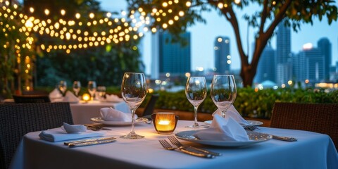 Fototapeta premium Beautiful Restaurant Terrace Setting with Sunset Lighting, String Lights, and Elegant Table Settings Overlooking a City View