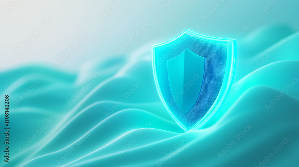 Poster a glowing blue shield icon hovering over a soft, light-blue background, with dynamic, overlapping wa