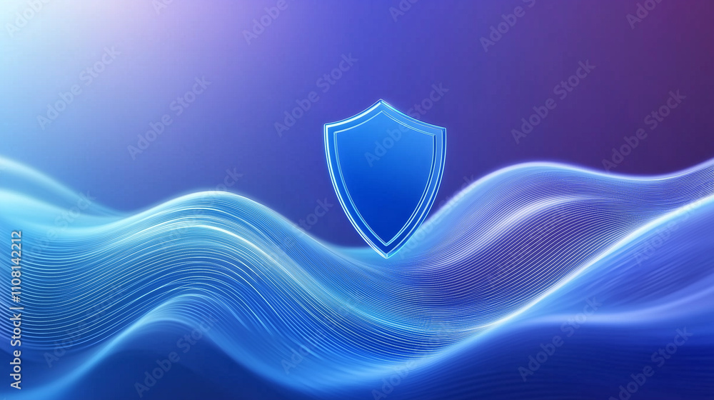 Poster a radiant blue shield icon on a serene gradient background, accented with dynamic wavy lines that ri