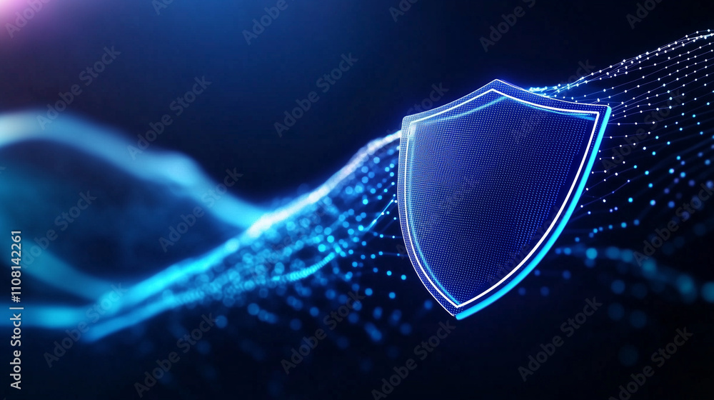 Poster a vibrant blue shield icon on a digital-inspired background with softly undulating wavy lines, creat