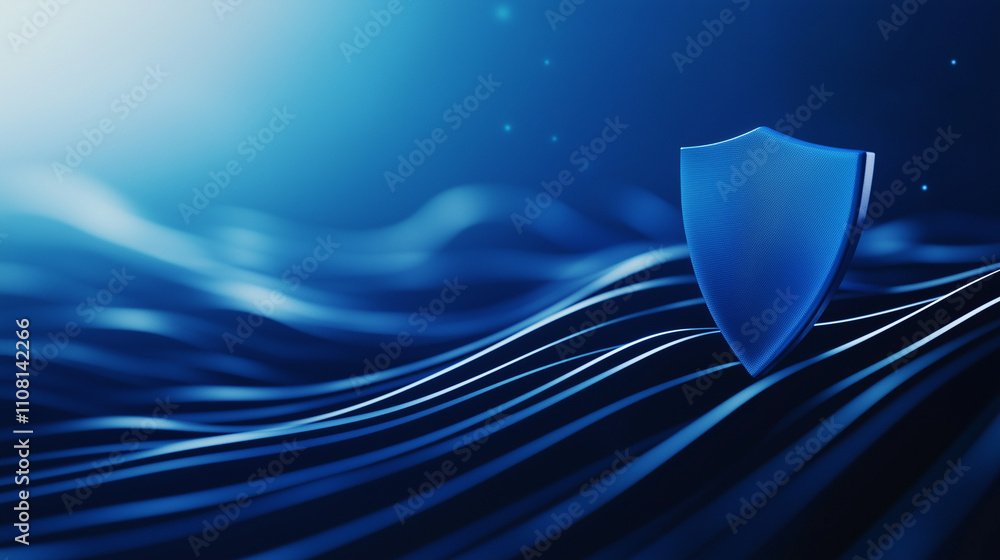 Aufkleber a vibrant blue shield icon on a digital-inspired background with softly undulating wavy lines, creat