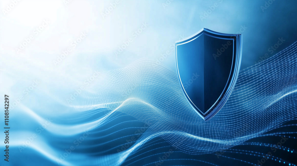Poster a vibrant blue shield icon on a digital-inspired background with softly undulating wavy lines, creat