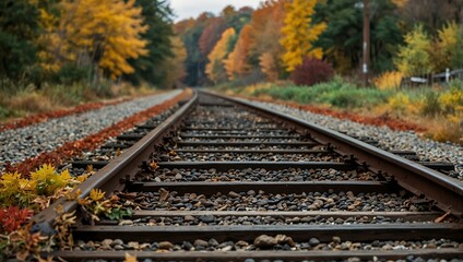 Railroad tracks surrounded by autumn colors.