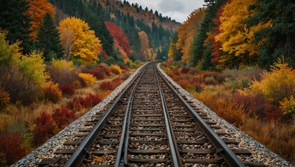 Railroad tracks surrounded by autumn colors.