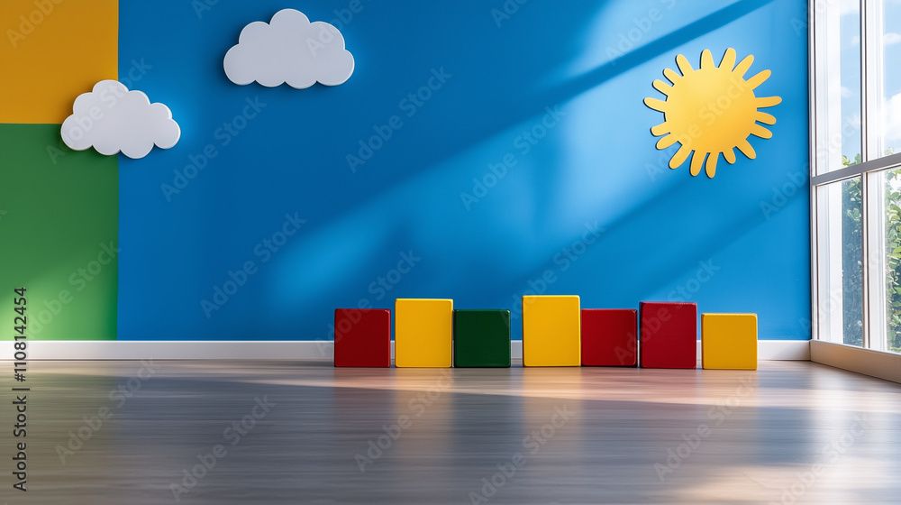 Poster a vibrant display of colorful alphabet blocks arranged neatly in a cheerful room, with a painted sun
