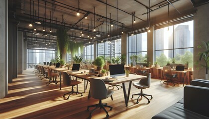 Fototapeta premium Modern Office Space with Large Windows and Plants