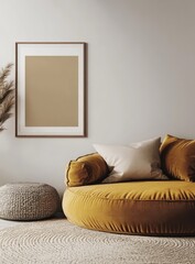 Cozy living space featuring a round mustard chair, neutral decor, and natural elements.