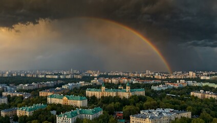 Rainbow and rain over Kiev from a drone view.