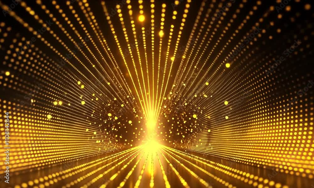 Poster golden light rays and beams radiate from central point, creating vibrant background filled with spar
